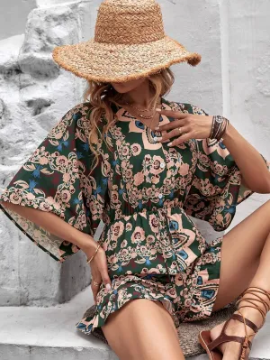 Allover Floral Print Batwing Sleeve Ruffle Hem Romper