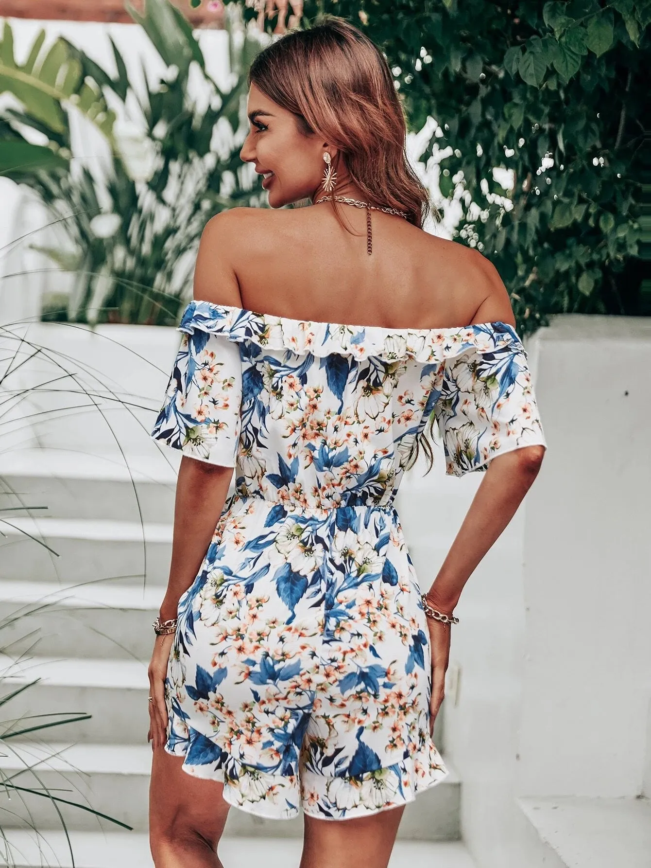 Allover Floral Tie Front Ruffle Trim Off Shoulder Romper