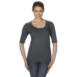 Anvil Women's Heather Dark Grey Triblend Deep Scoop Half-Sleeve T-Shirt