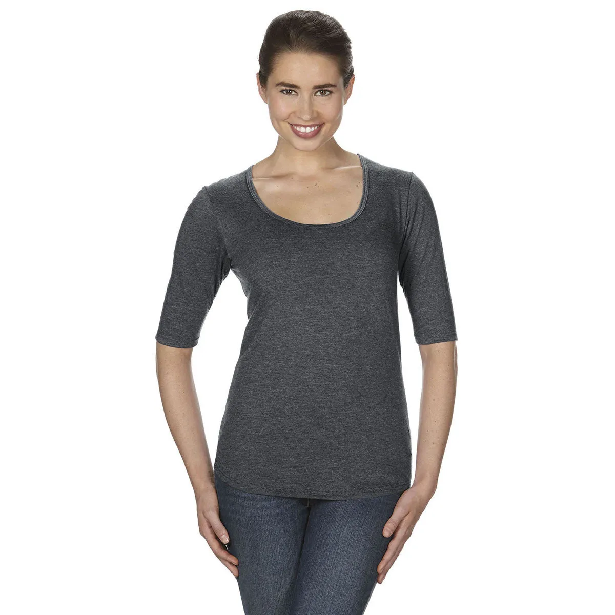 Anvil Women's Heather Dark Grey Triblend Deep Scoop Half-Sleeve T-Shirt