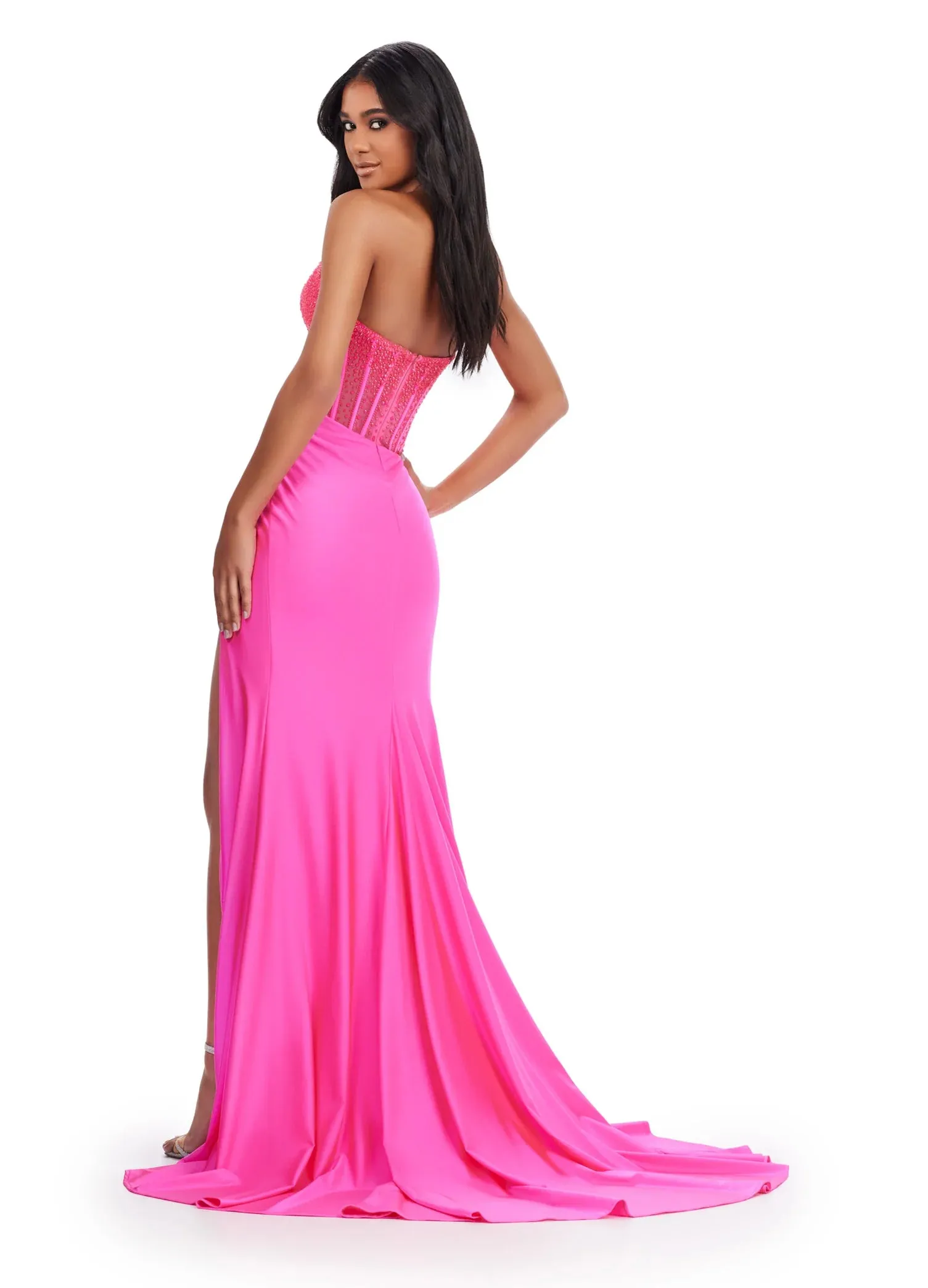 Ashley Lauren 11690 Size 6, 8 Hot Pink Sheer Crystal Corset Prom Dress Fitted Jersey Slit Formal Gown