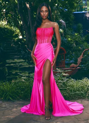 Ashley Lauren 11690 Size 6, 8 Hot Pink Sheer Crystal Corset Prom Dress Fitted Jersey Slit Formal Gown