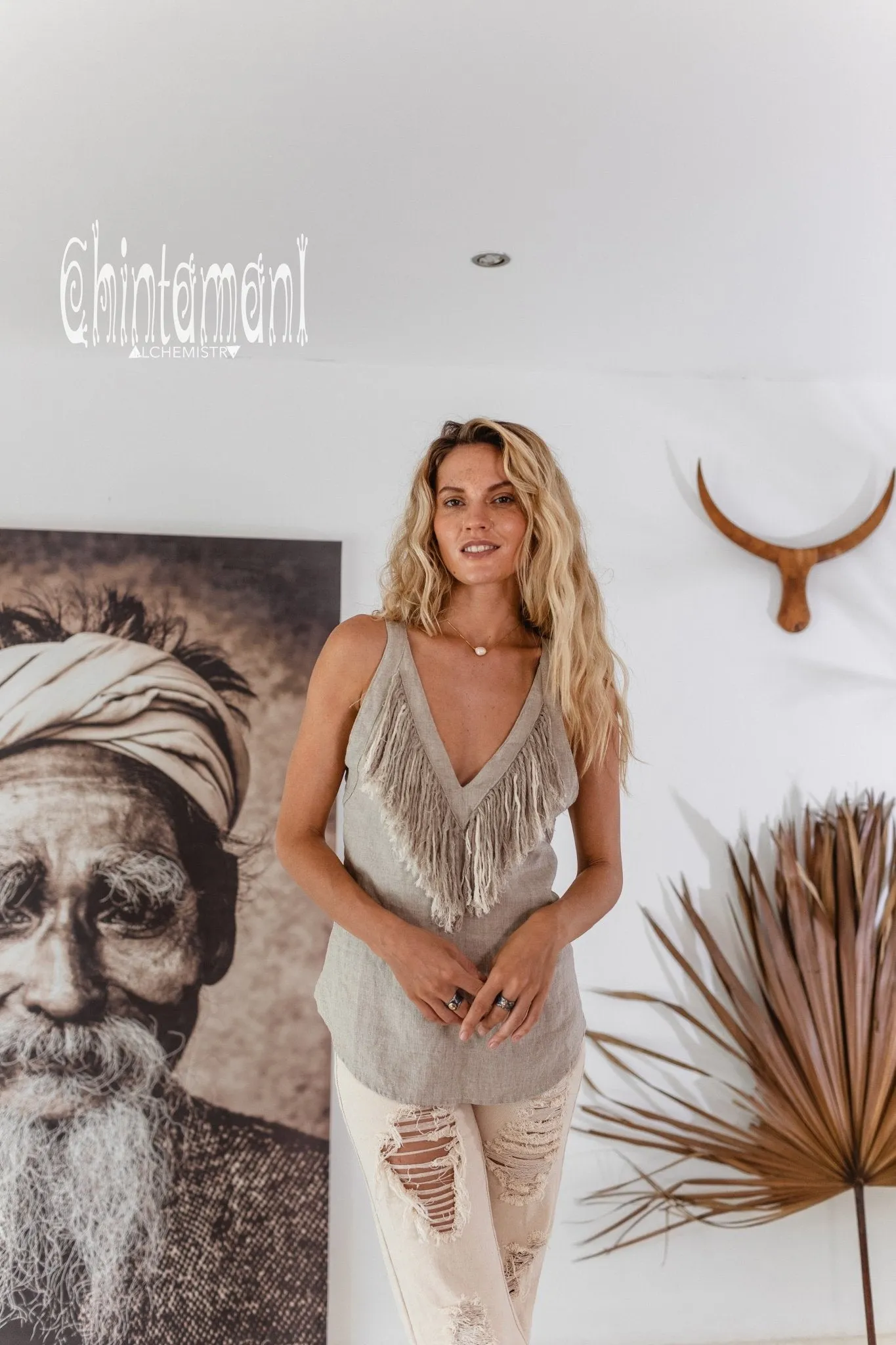 Backless Linen Boho Top with Fringes / Natural Gray