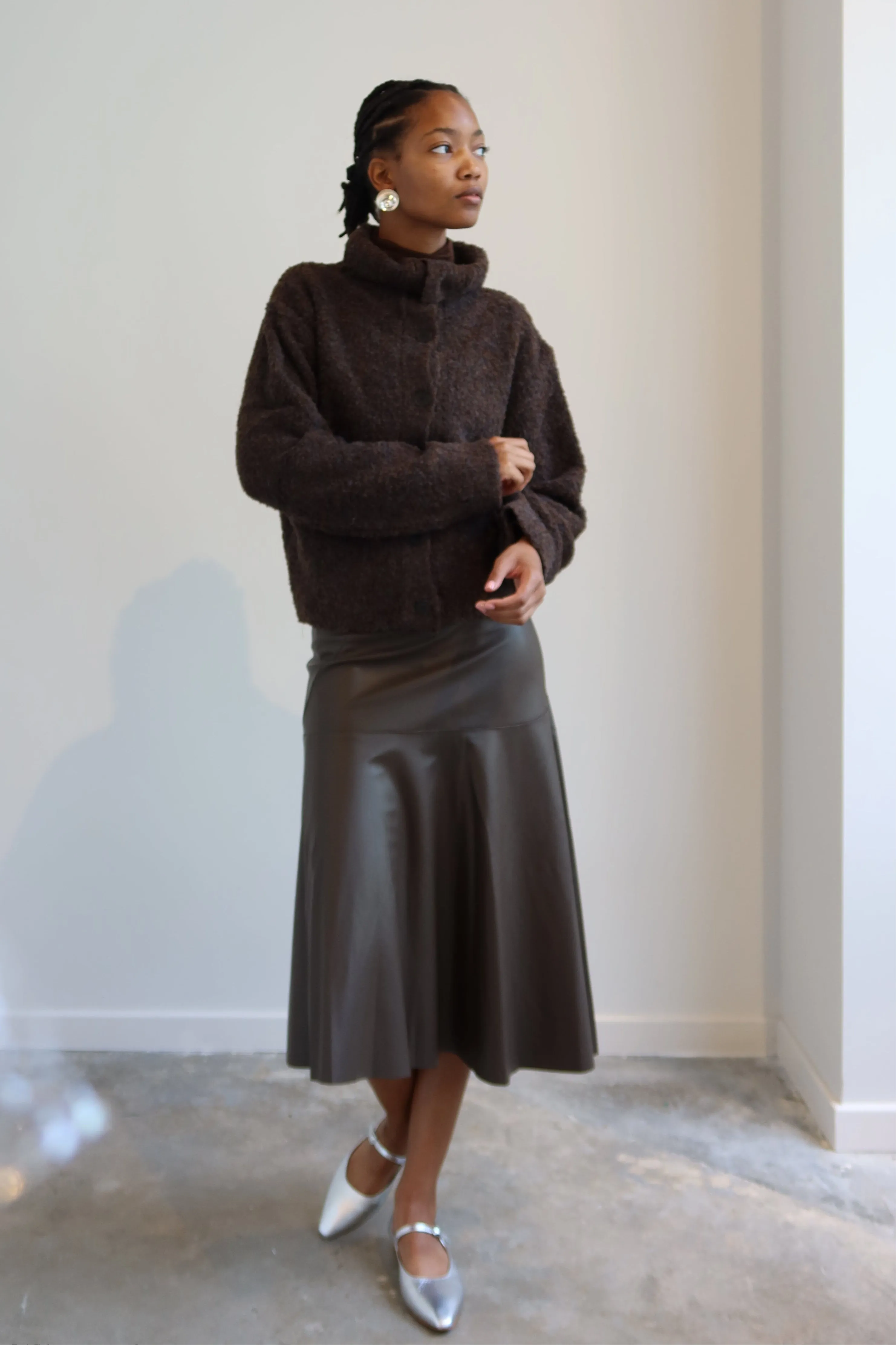 Brown Asymmetrical Vegan Leather Midi Skirt