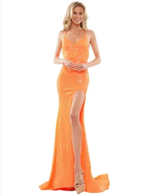 Colors Dress 2975 Size 0 Orange Long Prom Dress Fitted Sequin Spaghetti Strap High Slit Formal Pageant Gown