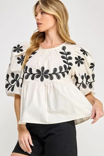 Cream Puff-Sleeve Embroidered Peplum Blouse