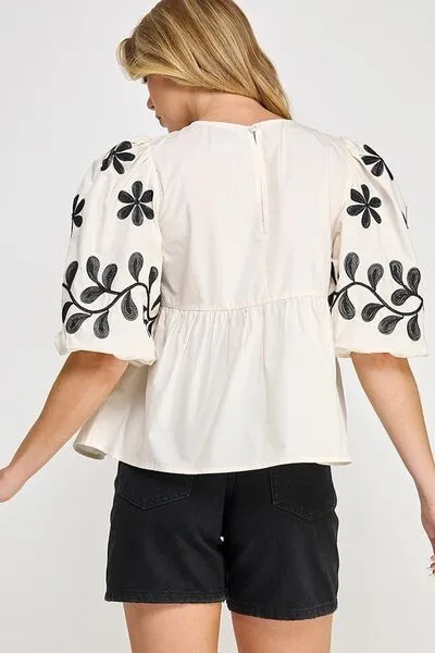 Cream Puff-Sleeve Embroidered Peplum Blouse