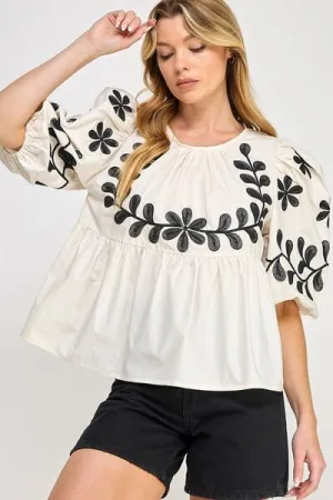 Cream Puff-Sleeve Embroidered Peplum Blouse