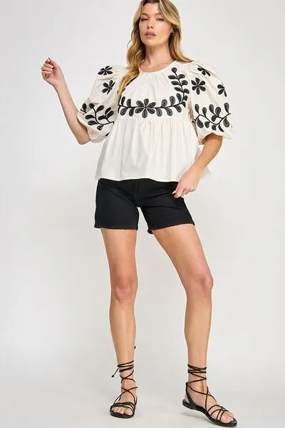 Cream Puff-Sleeve Embroidered Peplum Blouse