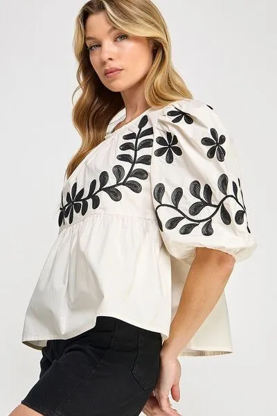 Cream Puff-Sleeve Embroidered Peplum Blouse