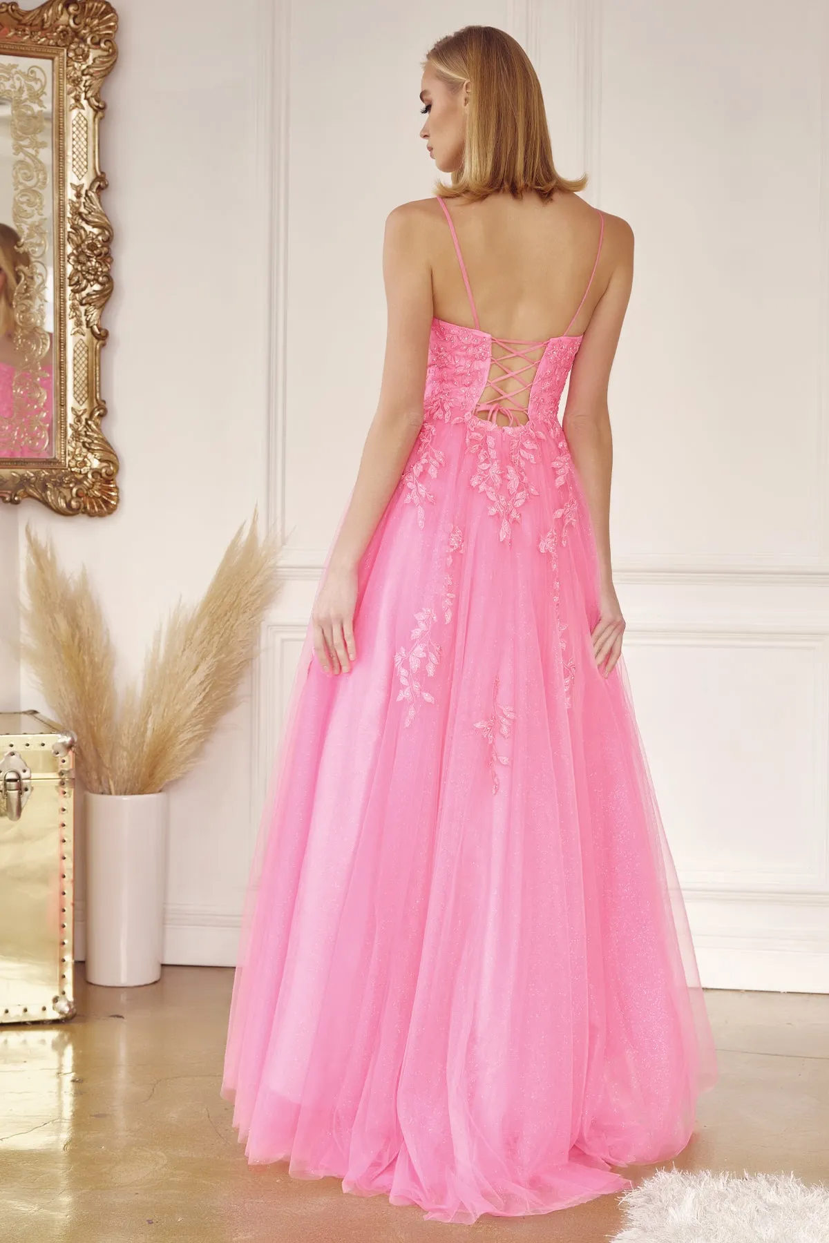 Floral applique tulle prom ball gown