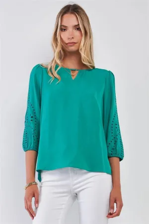 Forest Green Boho Laser-Cut Embroidery Trim Balloon Sleeve Relaxed Blouse Top /1-1-2-2