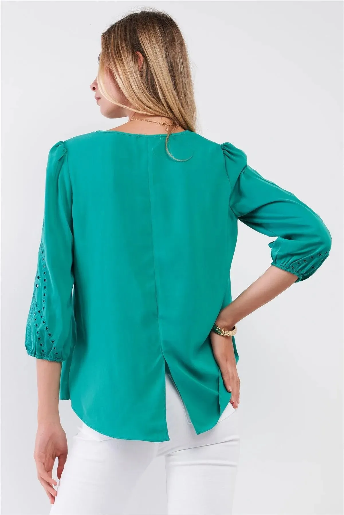Forest Green Boho Laser-Cut Embroidery Trim Balloon Sleeve Relaxed Blouse Top /1-1-2-2