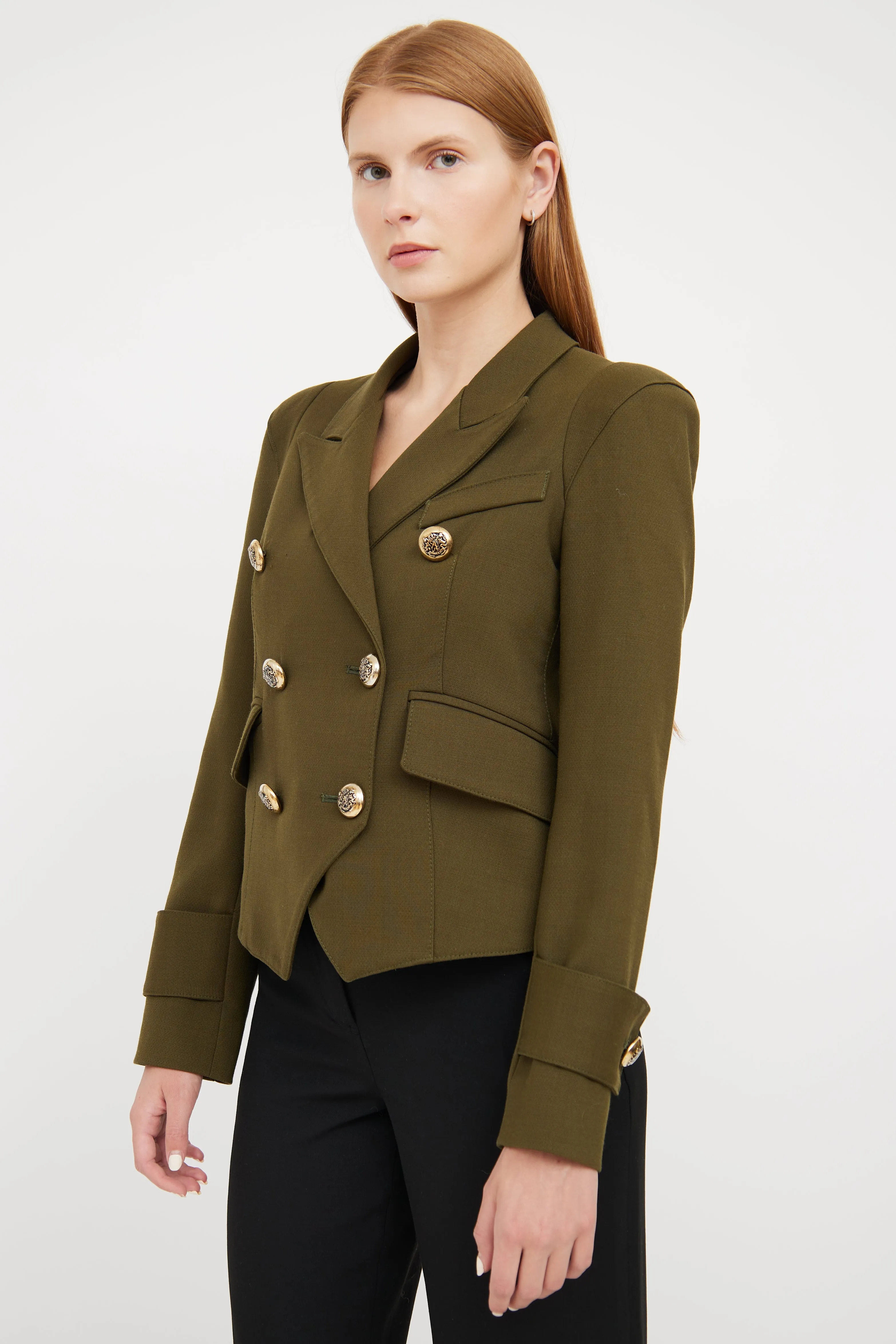 Green Cropped Double Breasted Blazer