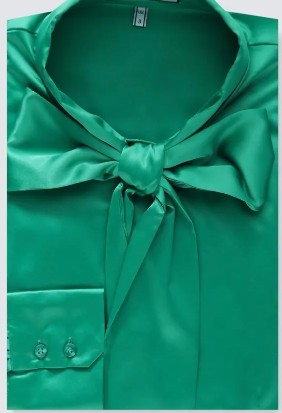 Green Fitted Satin Blouse, Pussy Bow