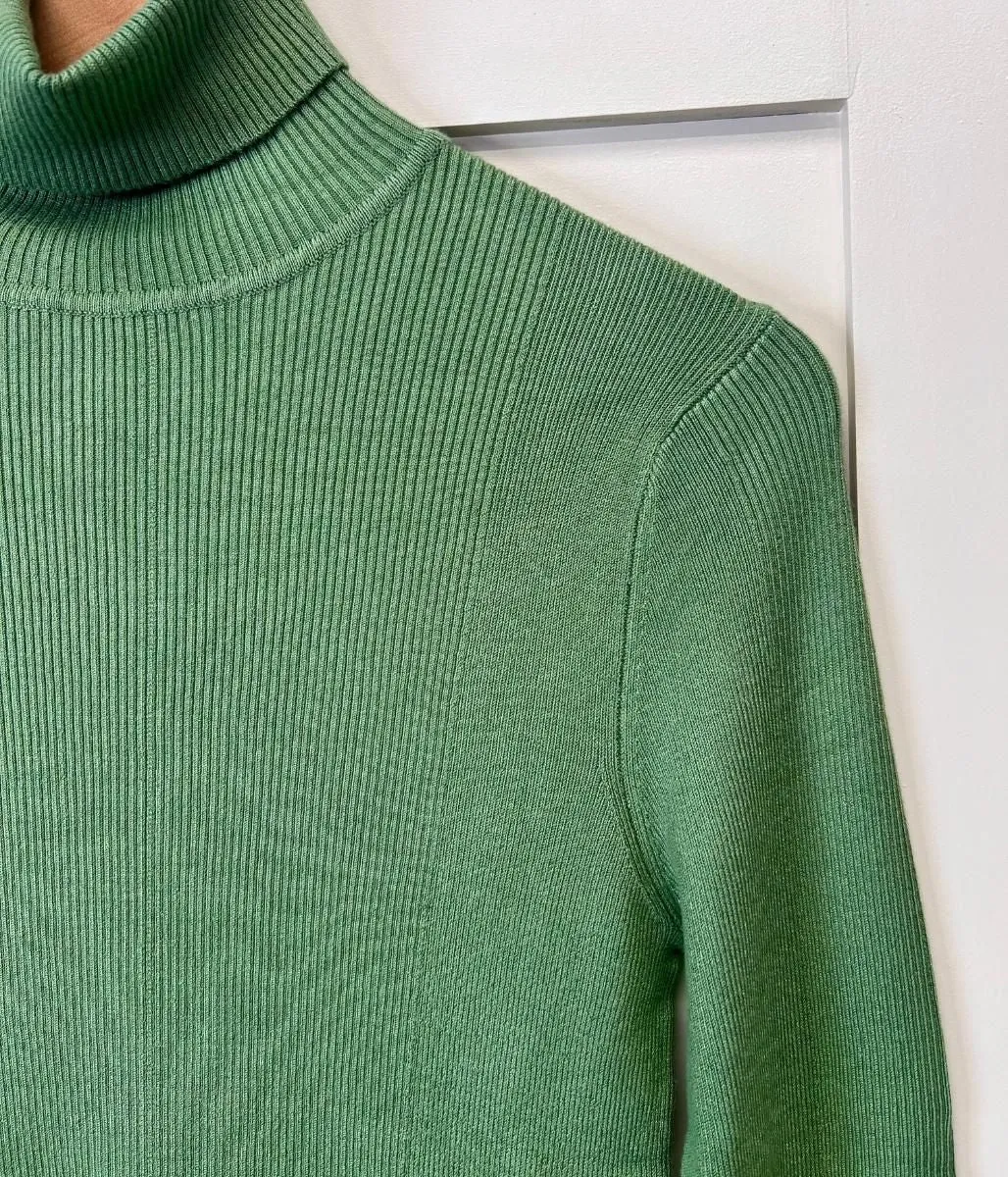 Green Ribbed Roll Neck Fitted Jumper