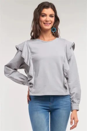 Grey Ruffle Relaxed Long Sleeve Round Neck Crochet Hem Detail Sweater /1-2-2-1