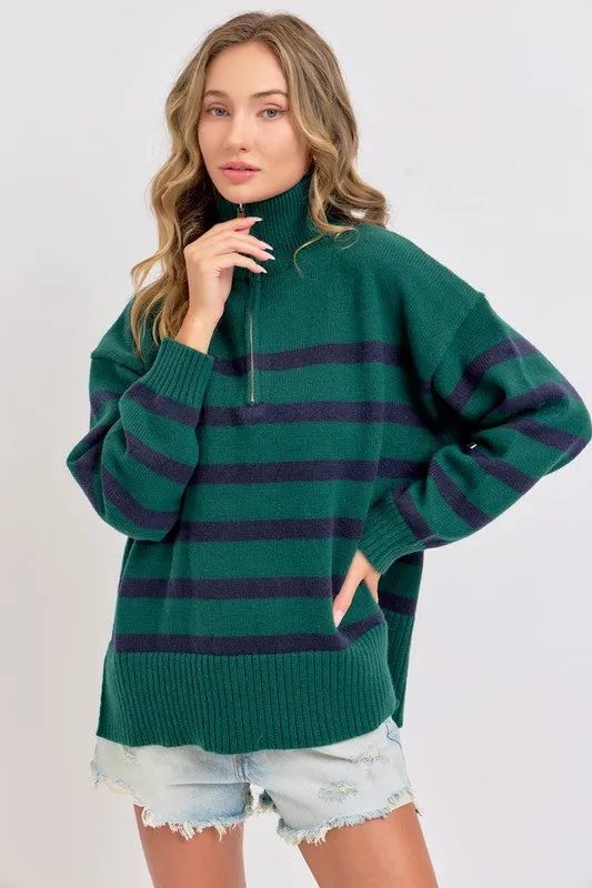 Hunter/Navy Striped Zip-Front Oversized Pullover Knit Sweater