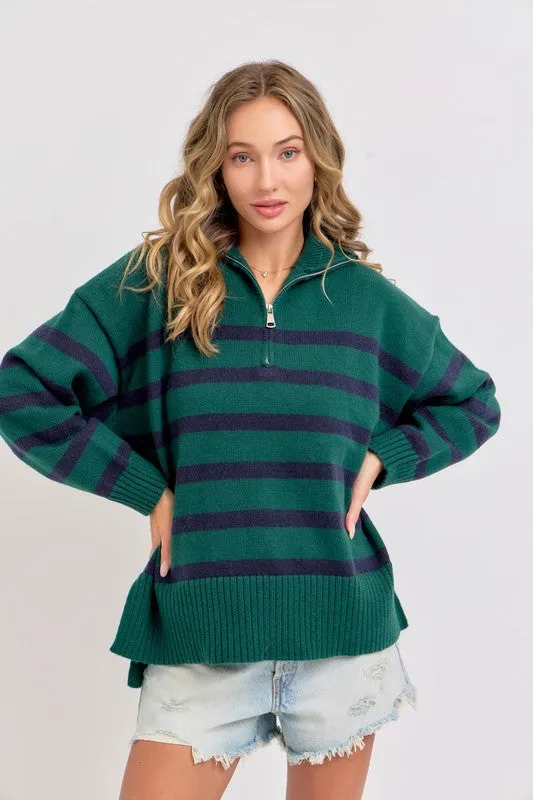 Hunter/Navy Striped Zip-Front Oversized Pullover Knit Sweater
