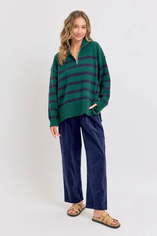 Hunter/Navy Striped Zip-Front Oversized Pullover Knit Sweater