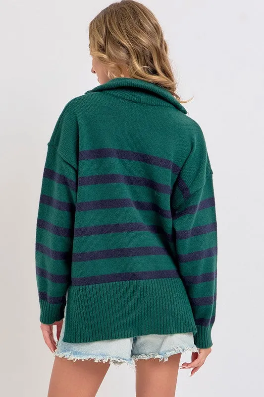 Hunter/Navy Striped Zip-Front Oversized Pullover Knit Sweater