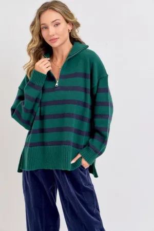 Hunter/Navy Striped Zip-Front Oversized Pullover Knit Sweater