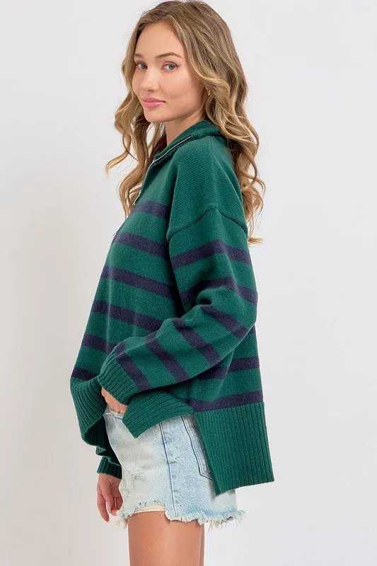 Hunter/Navy Striped Zip-Front Oversized Pullover Knit Sweater