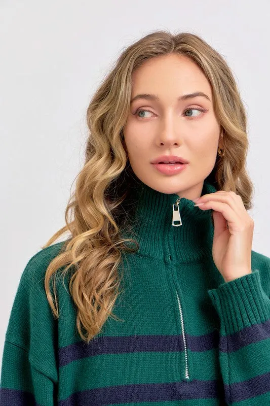 Hunter/Navy Striped Zip-Front Oversized Pullover Knit Sweater