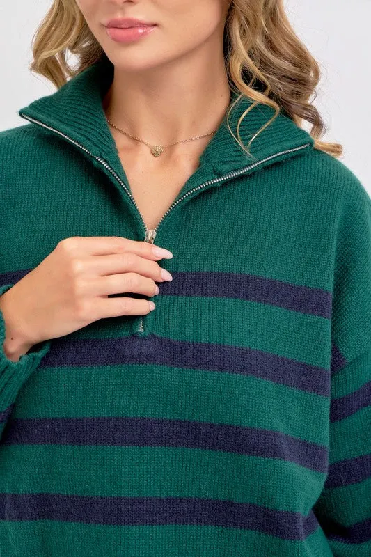 Hunter/Navy Striped Zip-Front Oversized Pullover Knit Sweater
