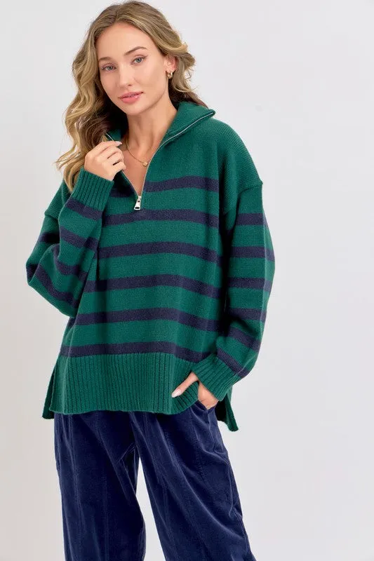 Hunter/Navy Striped Zip-Front Oversized Pullover Knit Sweater