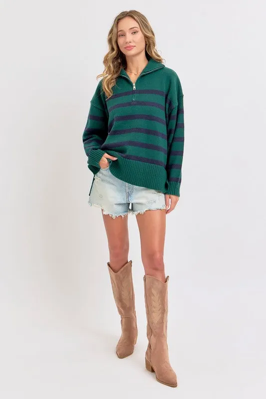 Hunter/Navy Striped Zip-Front Oversized Pullover Knit Sweater