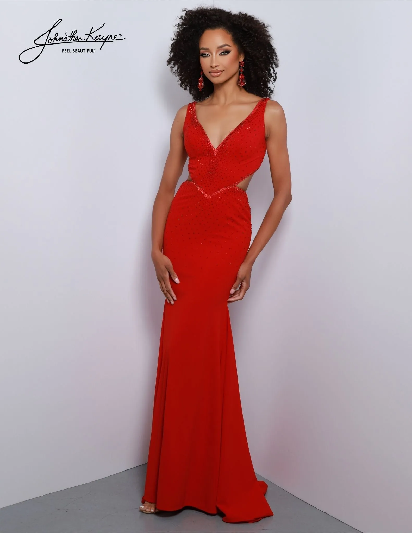 Johnathan Kayne 2640 Backless Corset Cutout Formal Prom Dress Pageant Gown Crystal V Neck