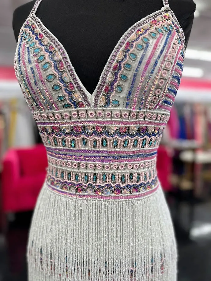 Jovani 38846 Size 00 Ivory Multi Sequin Beaded Fringe Prom Dress Formal V Neck Corset Slit Gown Pageant Slit