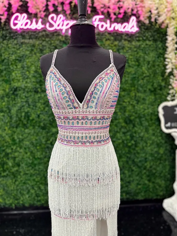Jovani 38846 Size 00 Ivory Multi Sequin Beaded Fringe Prom Dress Formal V Neck Corset Slit Gown Pageant Slit