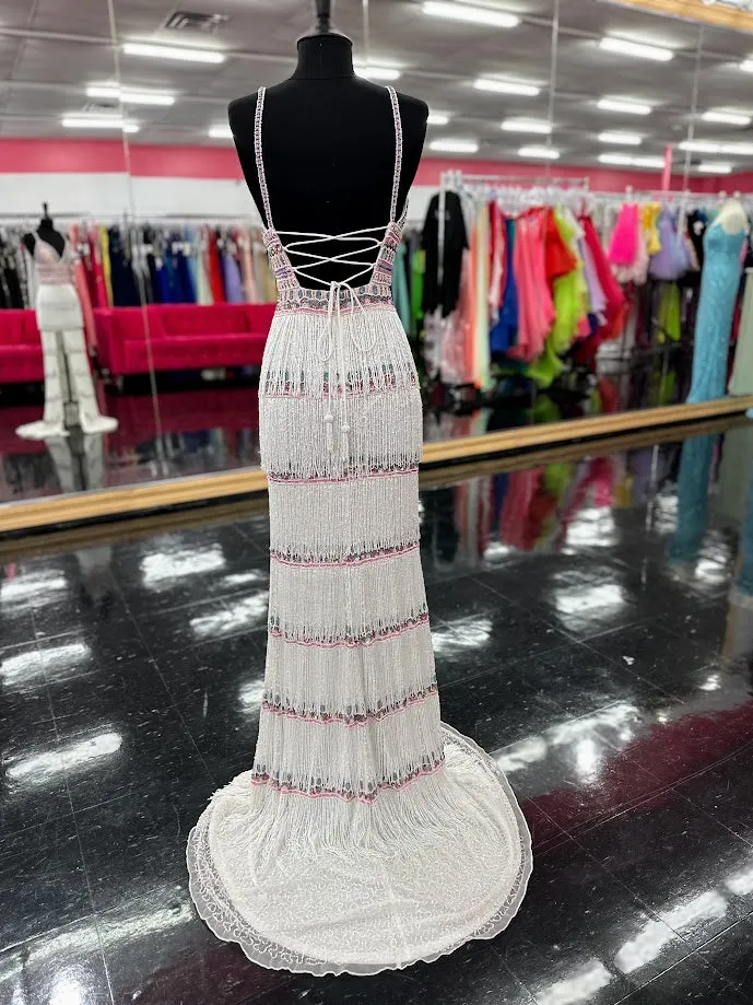Jovani 38846 Size 00 Ivory Multi Sequin Beaded Fringe Prom Dress Formal V Neck Corset Slit Gown Pageant Slit