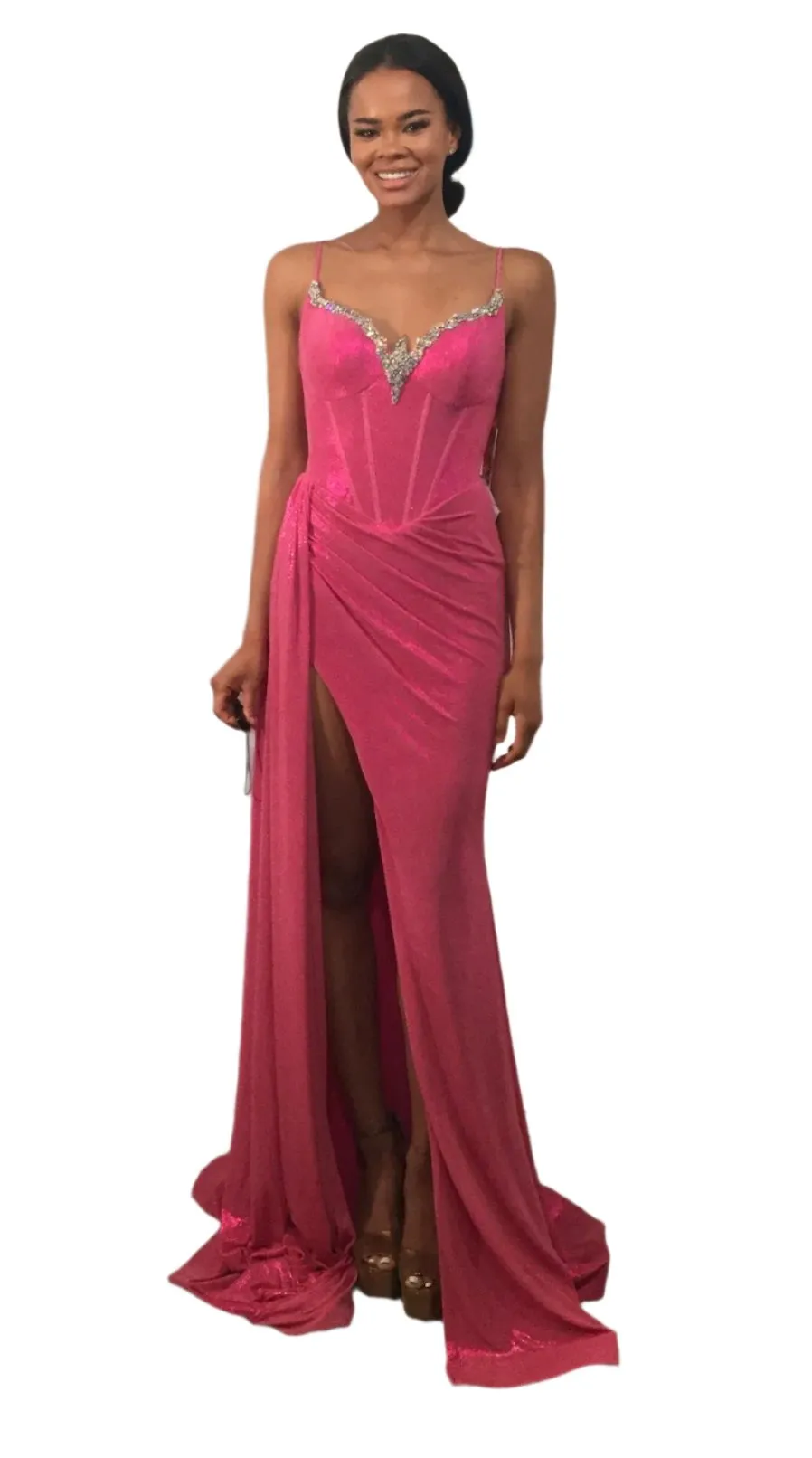 Jovani D5045 Metallic Corset Dress Slit Overskirt Crystal V Neck Formal Gown Pageant Prom