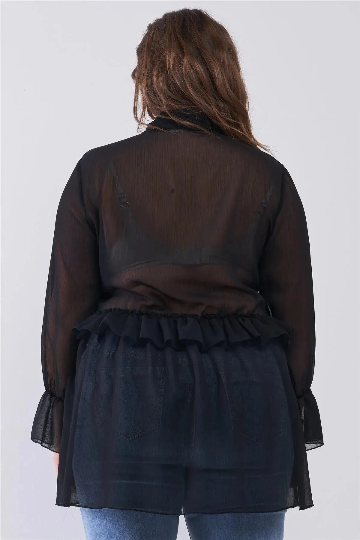 Junior Plus Black Balloon Sleeve Flare Cuff V-Neck With Self-Tie Necktie Detail Frill Detail Blouse Top /2-2-2