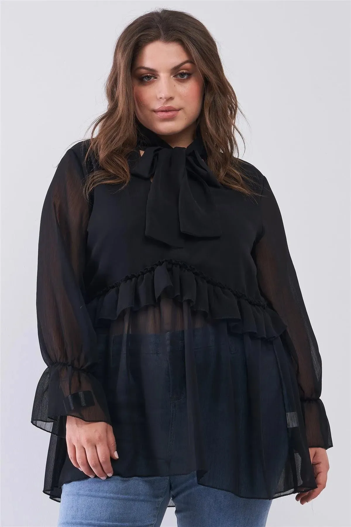 Junior Plus Black Balloon Sleeve Flare Cuff V-Neck With Self-Tie Necktie Detail Frill Detail Blouse Top /2-2-2