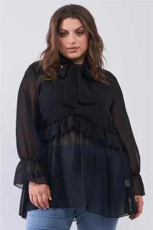 Junior Plus Black Balloon Sleeve Flare Cuff V-Neck With Self-Tie Necktie Detail Frill Detail Blouse Top /2-2-2