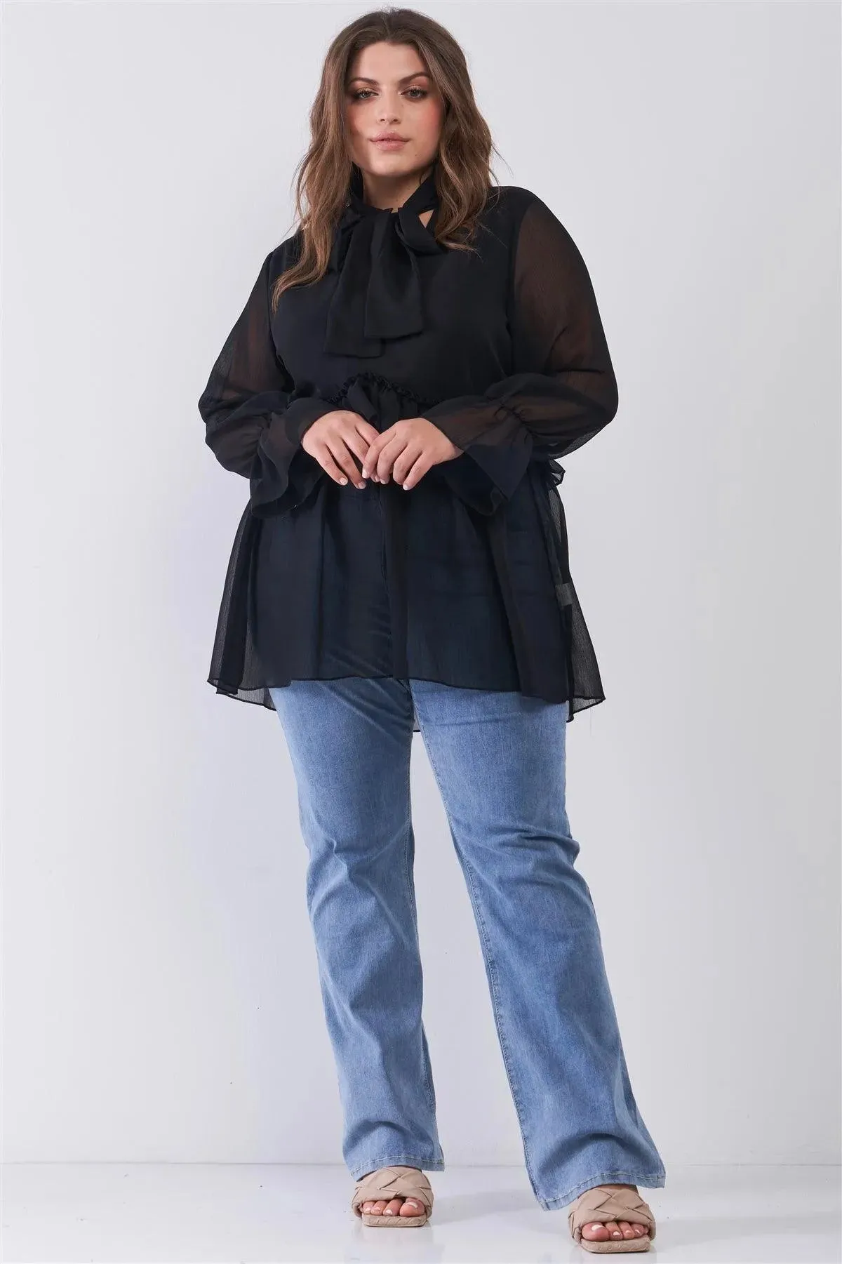Junior Plus Black Balloon Sleeve Flare Cuff V-Neck With Self-Tie Necktie Detail Frill Detail Blouse Top /2-2-2