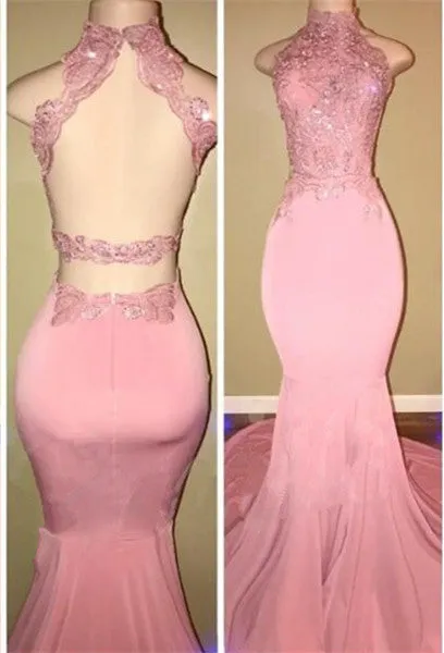 kamahe Gorgeous High Neck Pink Lace Prom Party GownsMermaid Long