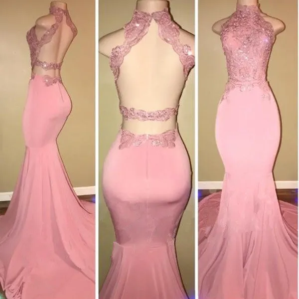 kamahe Gorgeous High Neck Pink Lace Prom Party GownsMermaid Long