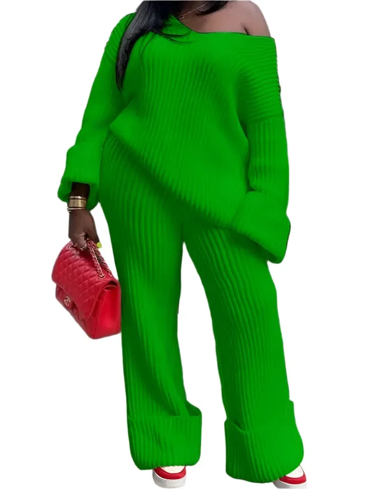 Knit Ribbed Women's Tracksuit - Long Sleeve V-Neck Sweater & Wide-Leg Pants 2-Piece Set Outfit