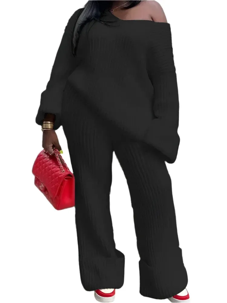 Knit Ribbed Women's Tracksuit - Long Sleeve V-Neck Sweater & Wide-Leg Pants 2-Piece Set Outfit