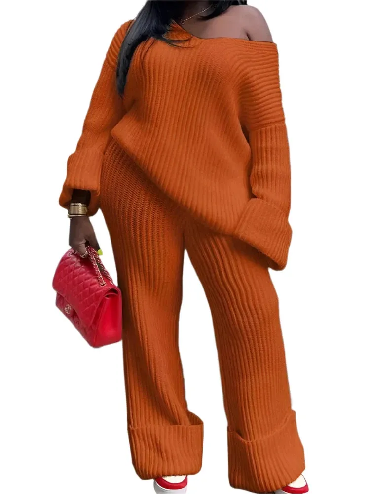 Knit Ribbed Women's Tracksuit - Long Sleeve V-Neck Sweater & Wide-Leg Pants 2-Piece Set Outfit