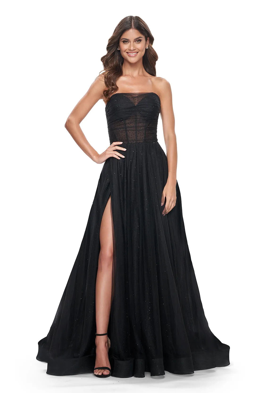 La Femme - 32029 - Rhinestone Embellished Tulle Gown with High Slit
