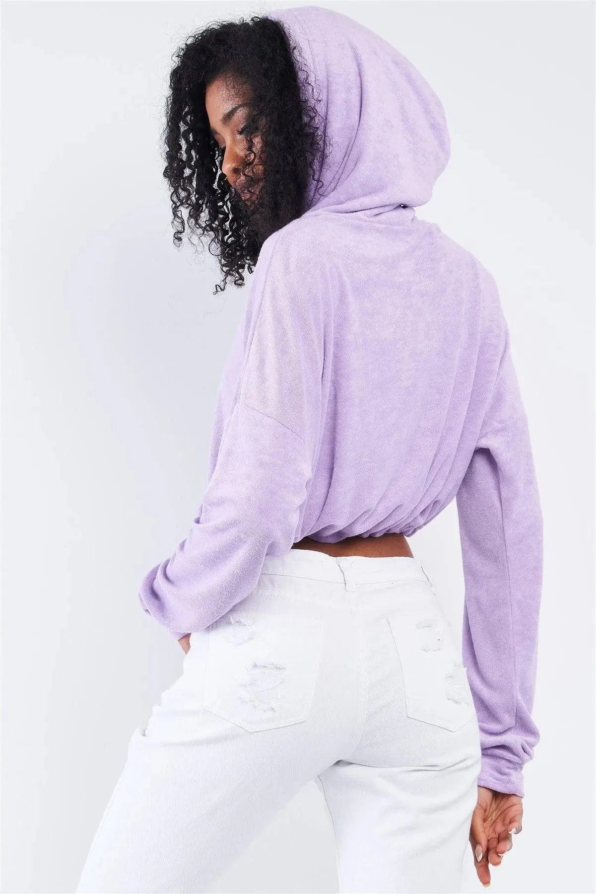 Lavender Soft Relaxed Fit Long Sleeve Elastic Loop Draw String Tie Cropped Hoodie /3-2-1