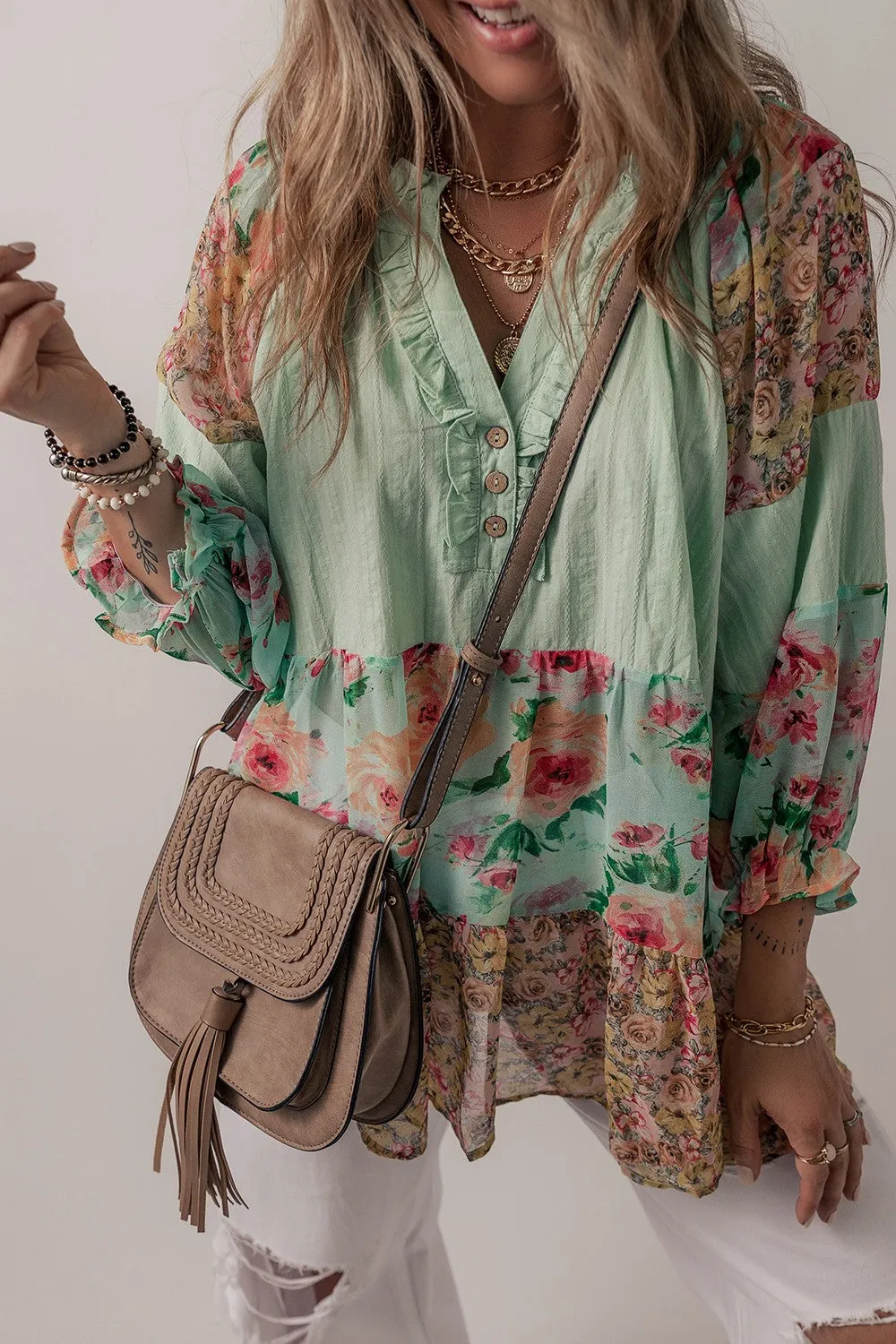 Long Sleeve Casual Shirt New Women's Fashion Floral Frill Trim Buttoned Notched Tiered Blouse