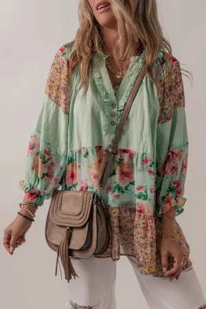 Long Sleeve Casual Shirt New Women's Fashion Floral Frill Trim Buttoned Notched Tiered Blouse