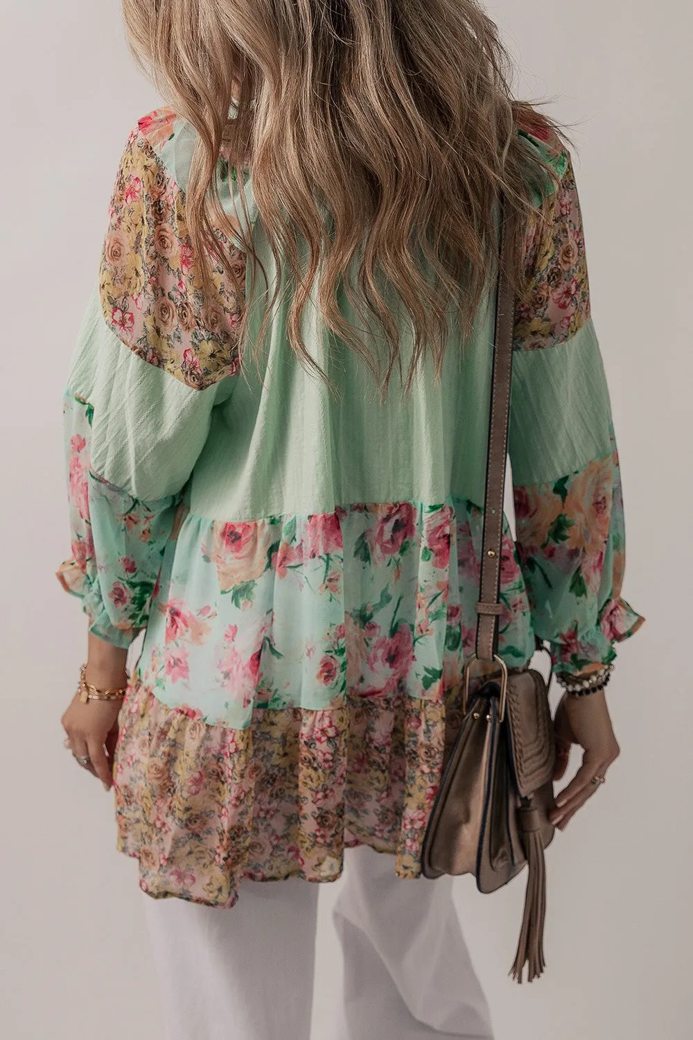 Long Sleeve Casual Shirt New Women's Fashion Floral Frill Trim Buttoned Notched Tiered Blouse